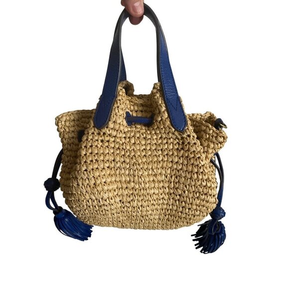 Anya Hindmarch Raffia Drawstring Tote Sz Small in Electric Blue Leather Tassels - Picture 7 of 16